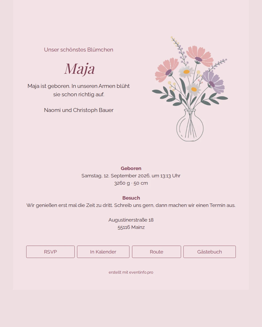 Geburtskarte in Rosa mit Blumenstrauß &ndash; example 1