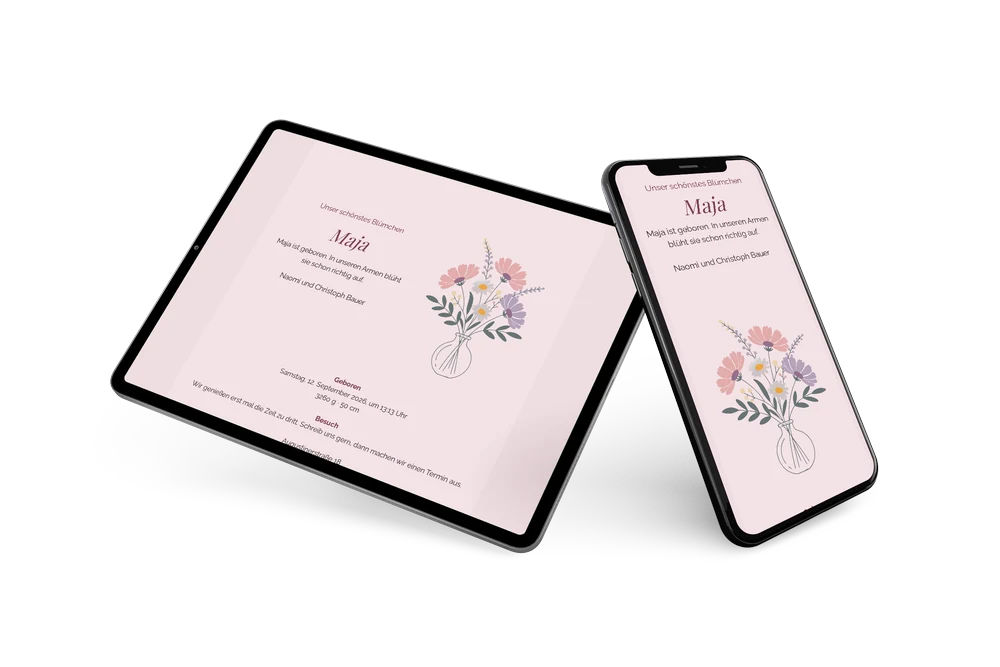 Geburtskarte in Rosa mit Blumenstrauß &ndash; example 2
