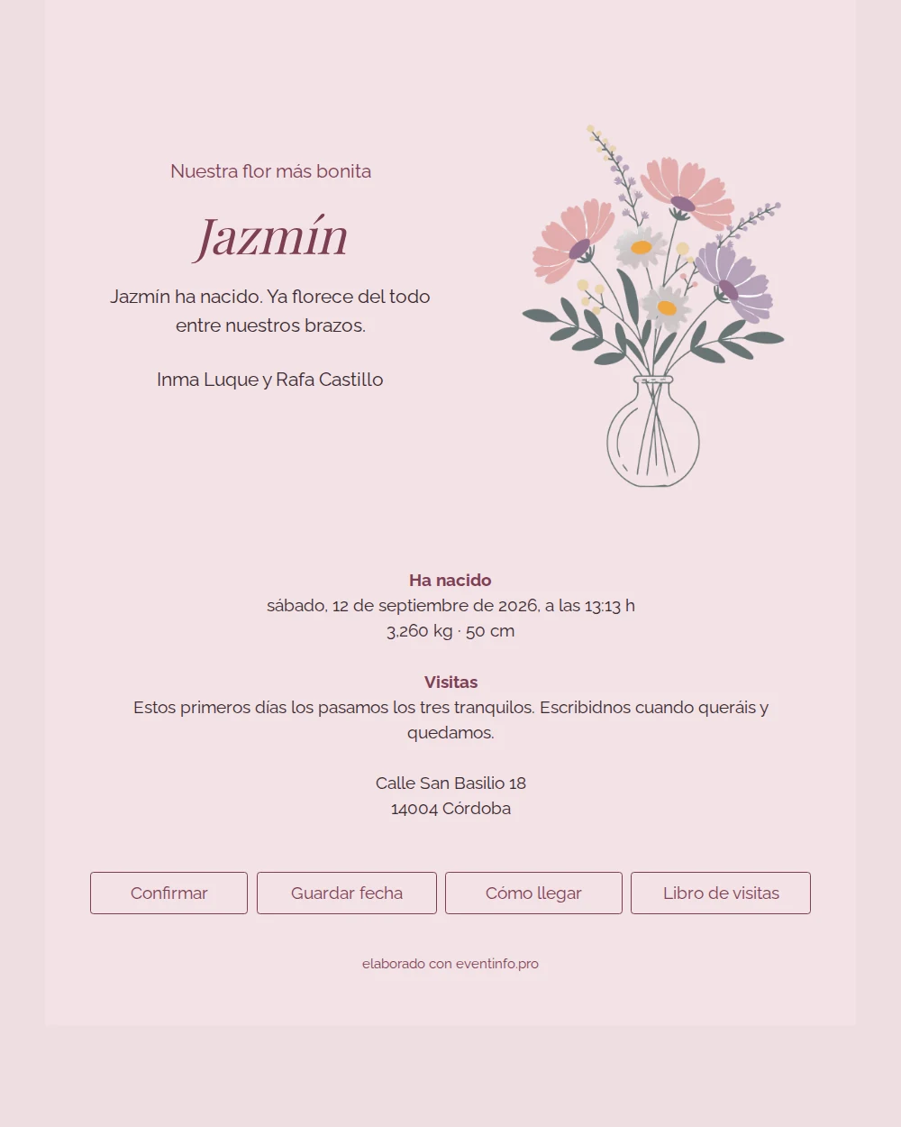 Elegante tarjeta de nacimiento con ramo &ndash; example 1