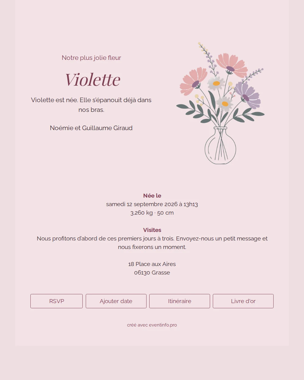 Faire-part de naissance avec bouquet dessiné &ndash; example 1