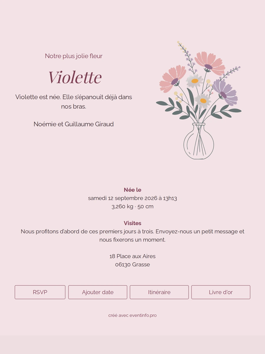 Faire-part de naissance avec bouquet dessiné