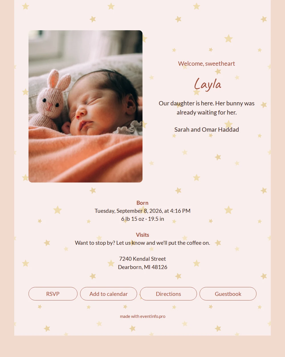 Cream birth card with a starry pattern &ndash; example 1
