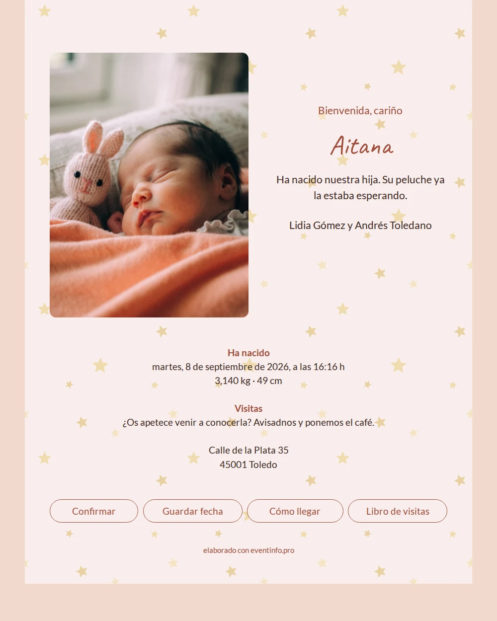 Tarjeta de nacimiento en color crema estrellado &ndash; example 1