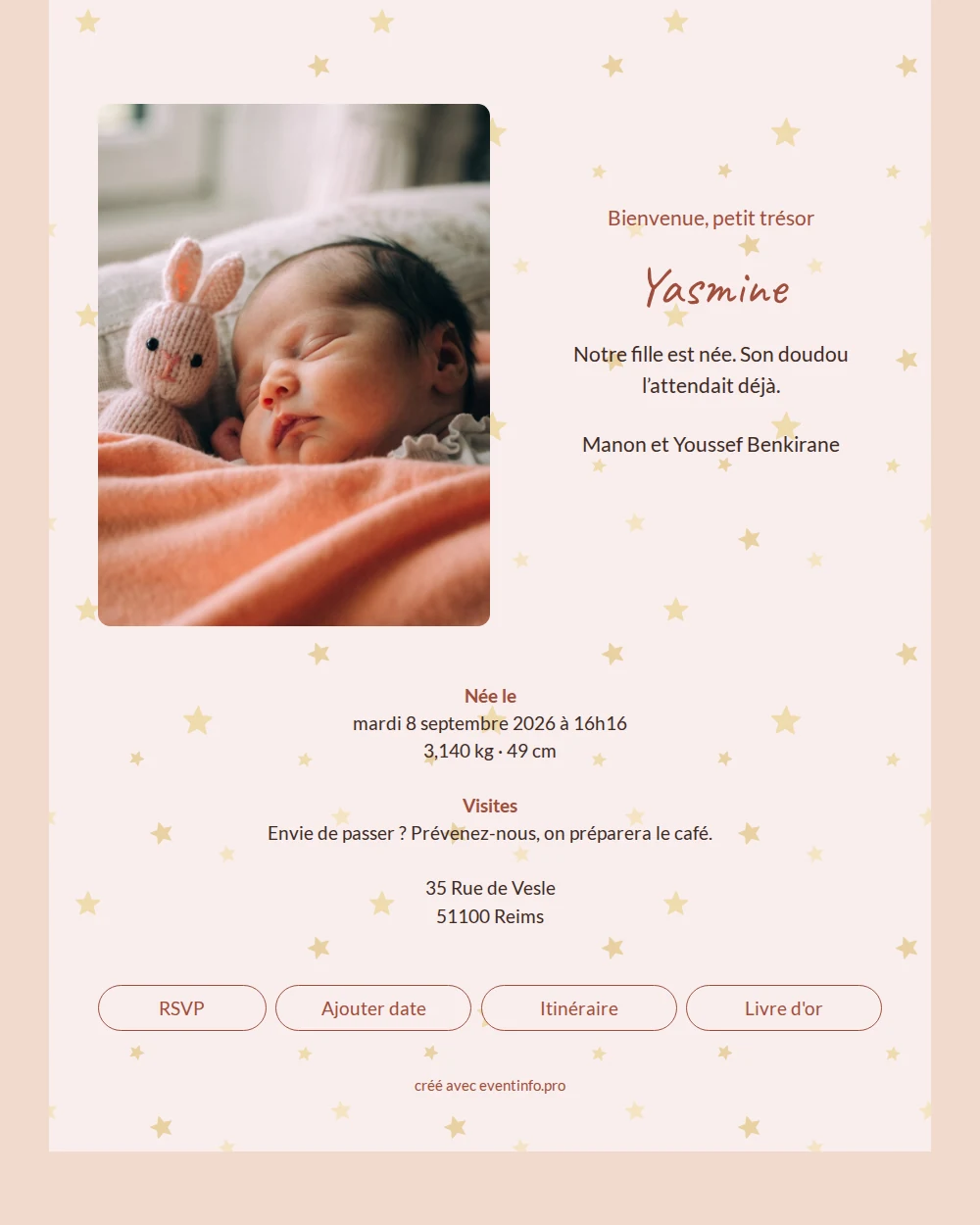 Faire-part de naissance crème à étoiles &ndash; example 1