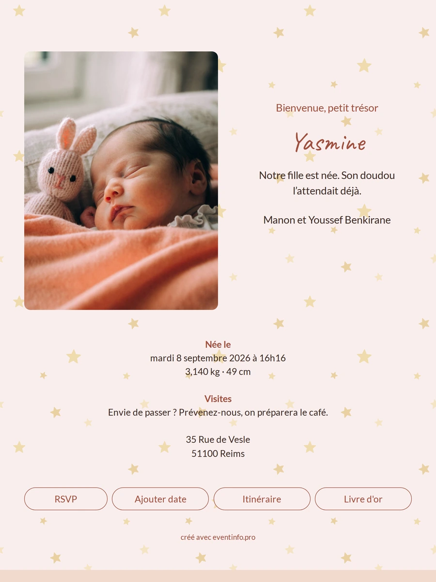 Faire-part de naissance crème à étoiles