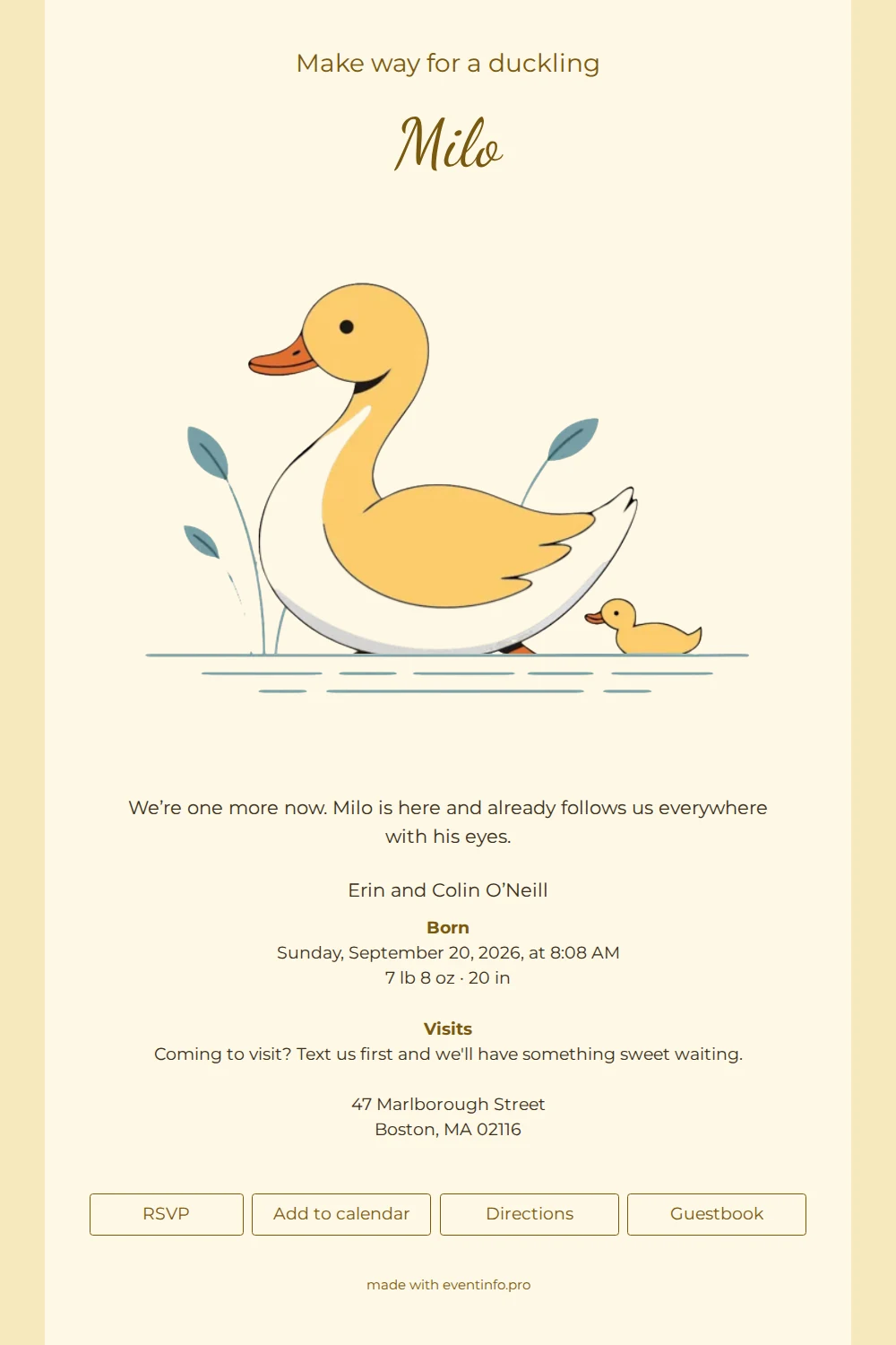 Golden birth card with swimming waterfowl &ndash; example 1
