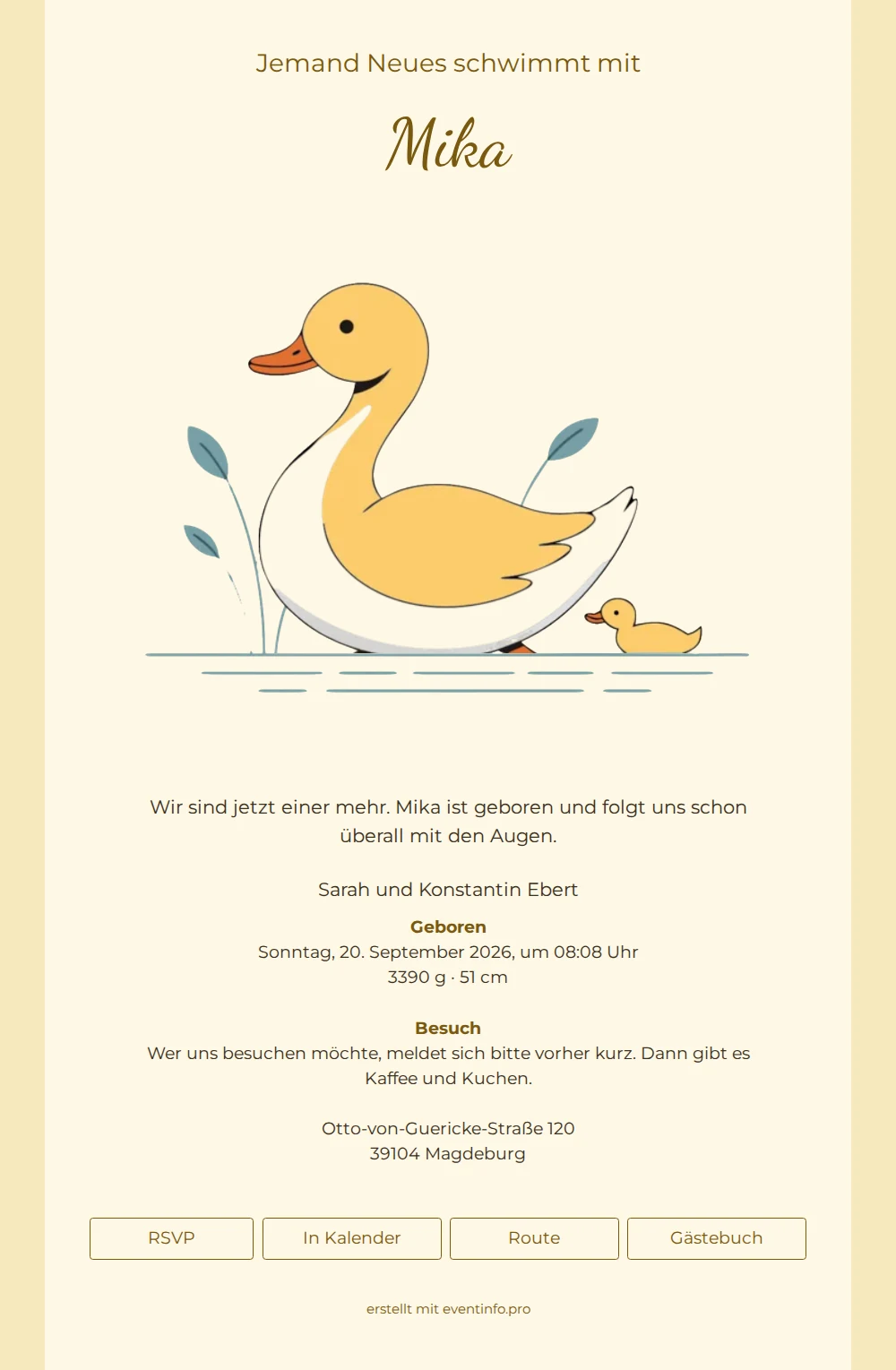 Goldene Geburtskarte mit Wasservogel-Illustration &ndash; example 1