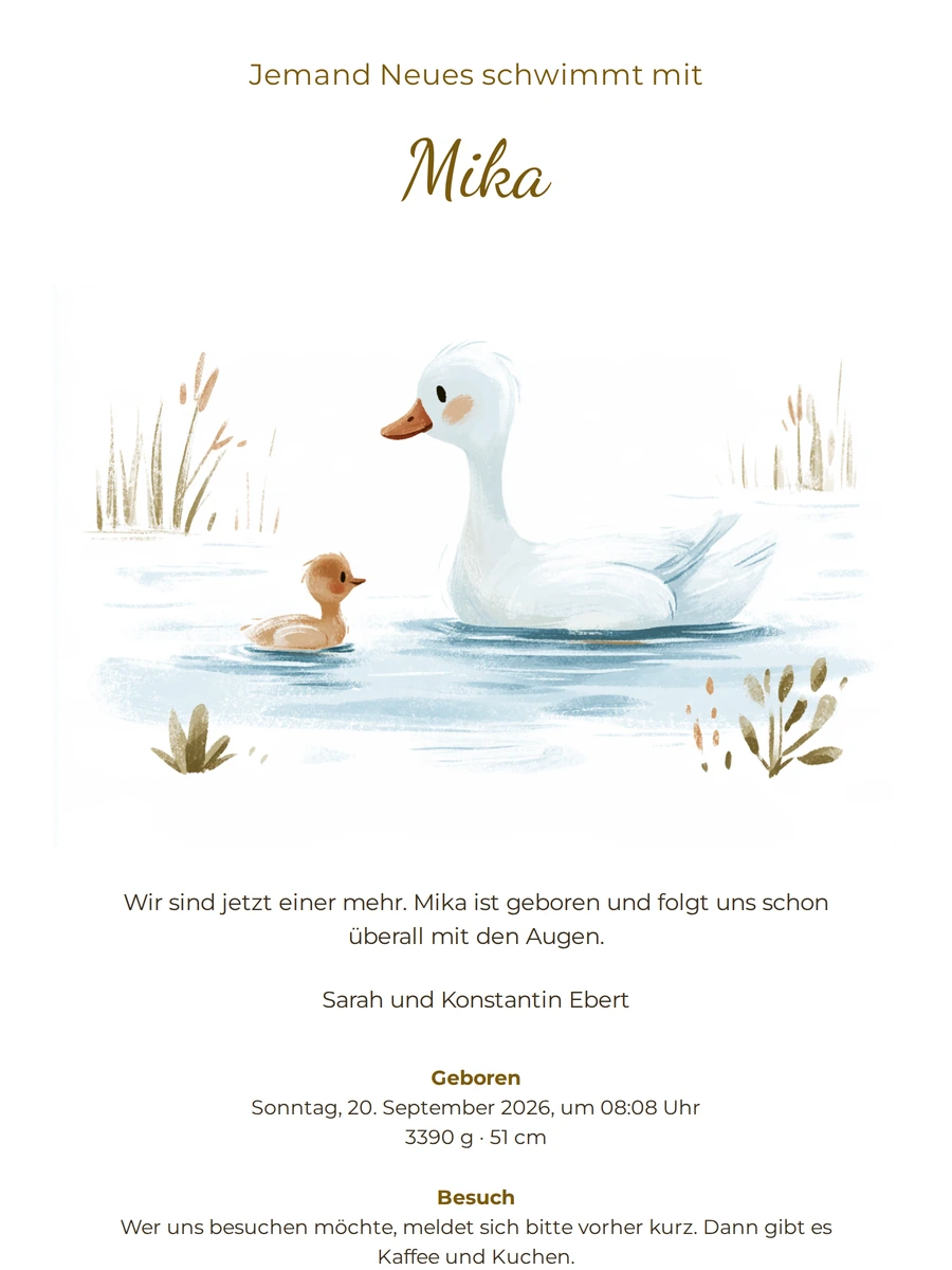 Zarte Aquarell-Geburtskarte mit Wasservogel
