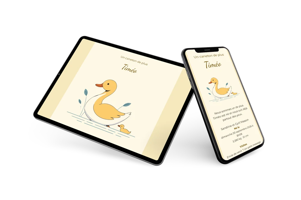 Faire-part de naissance doré avec oiseau aquatique &ndash; example 2