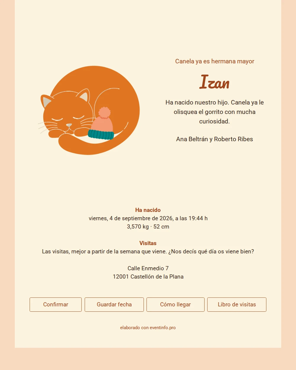 Tarjeta de nacimiento cálida con gato y gorro &ndash; example 1