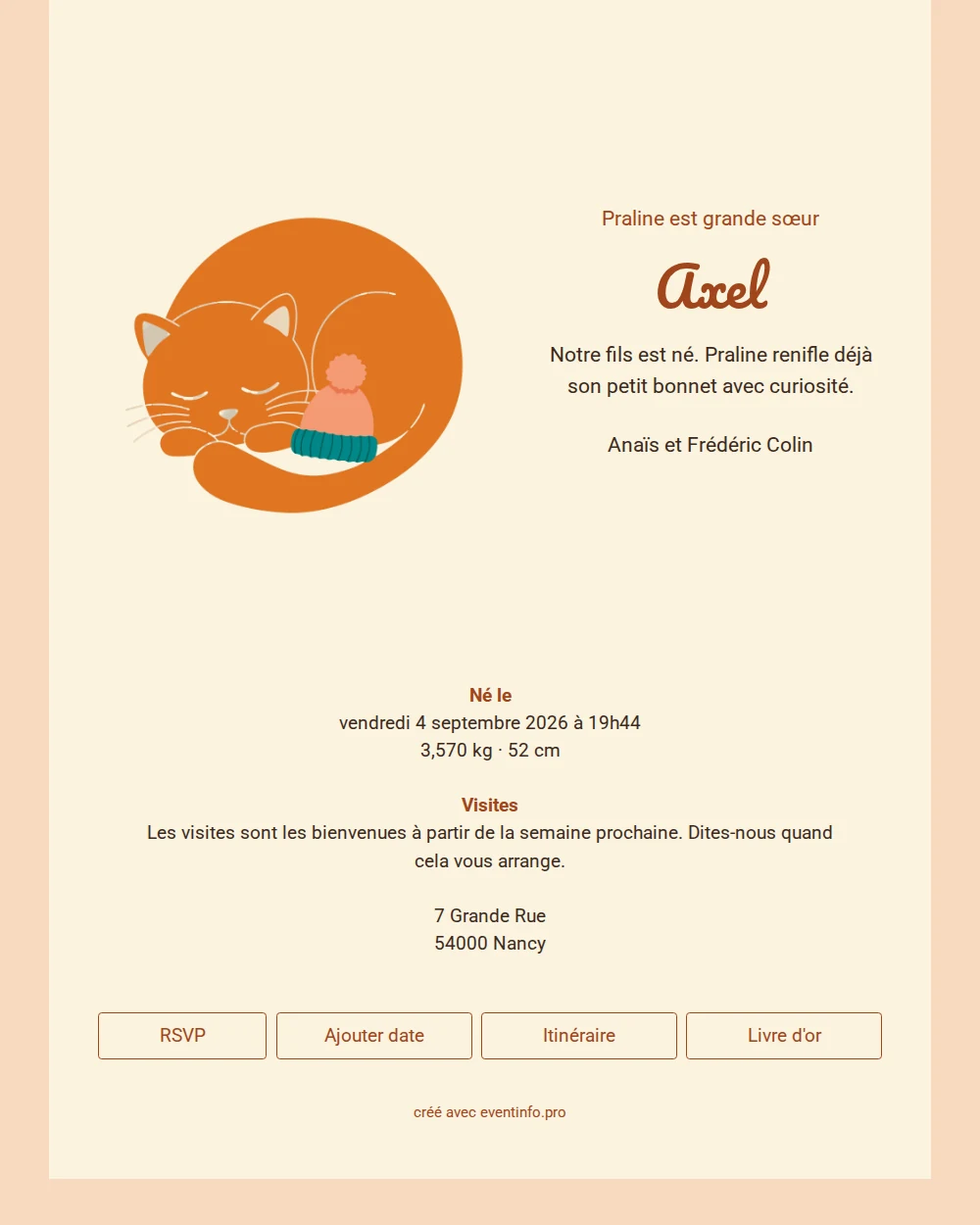 Faire-part de naissance chaleureux avec bonnet &ndash; example 1