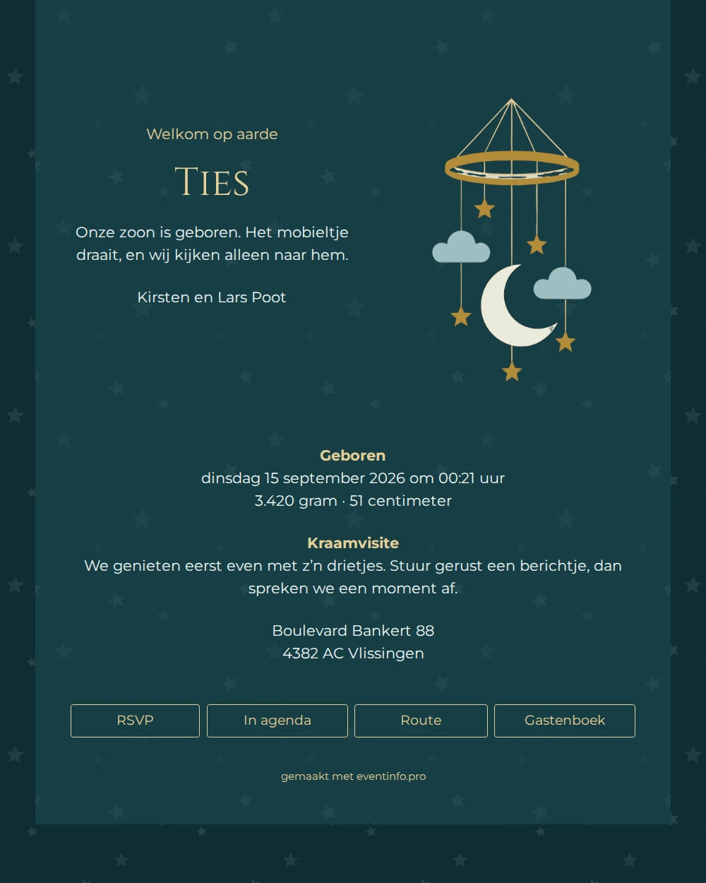 Elegant geboortekaartje met een gouden mobiel &ndash; example 1