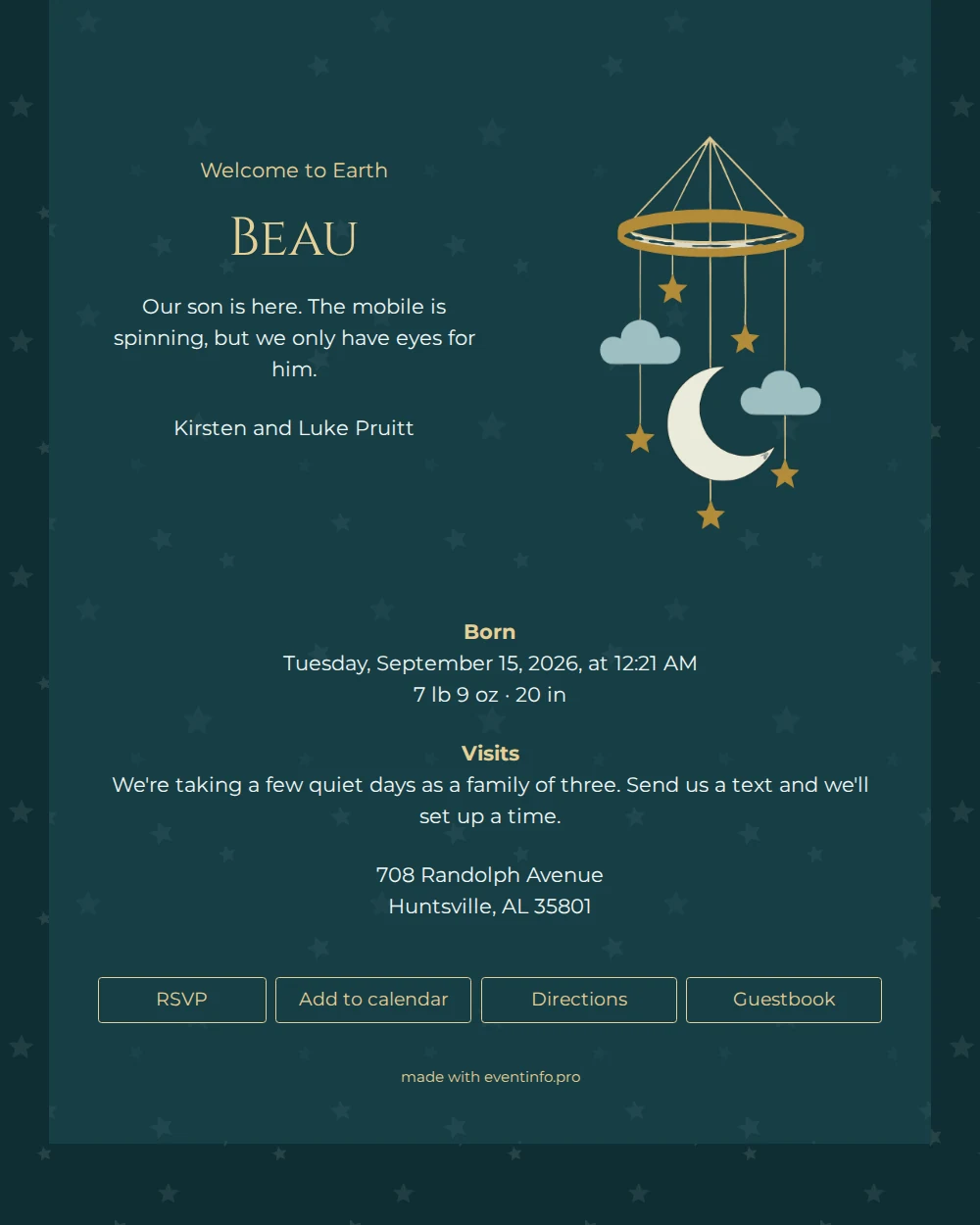 Elegant birth announcement with a gold mobile &ndash; example 1