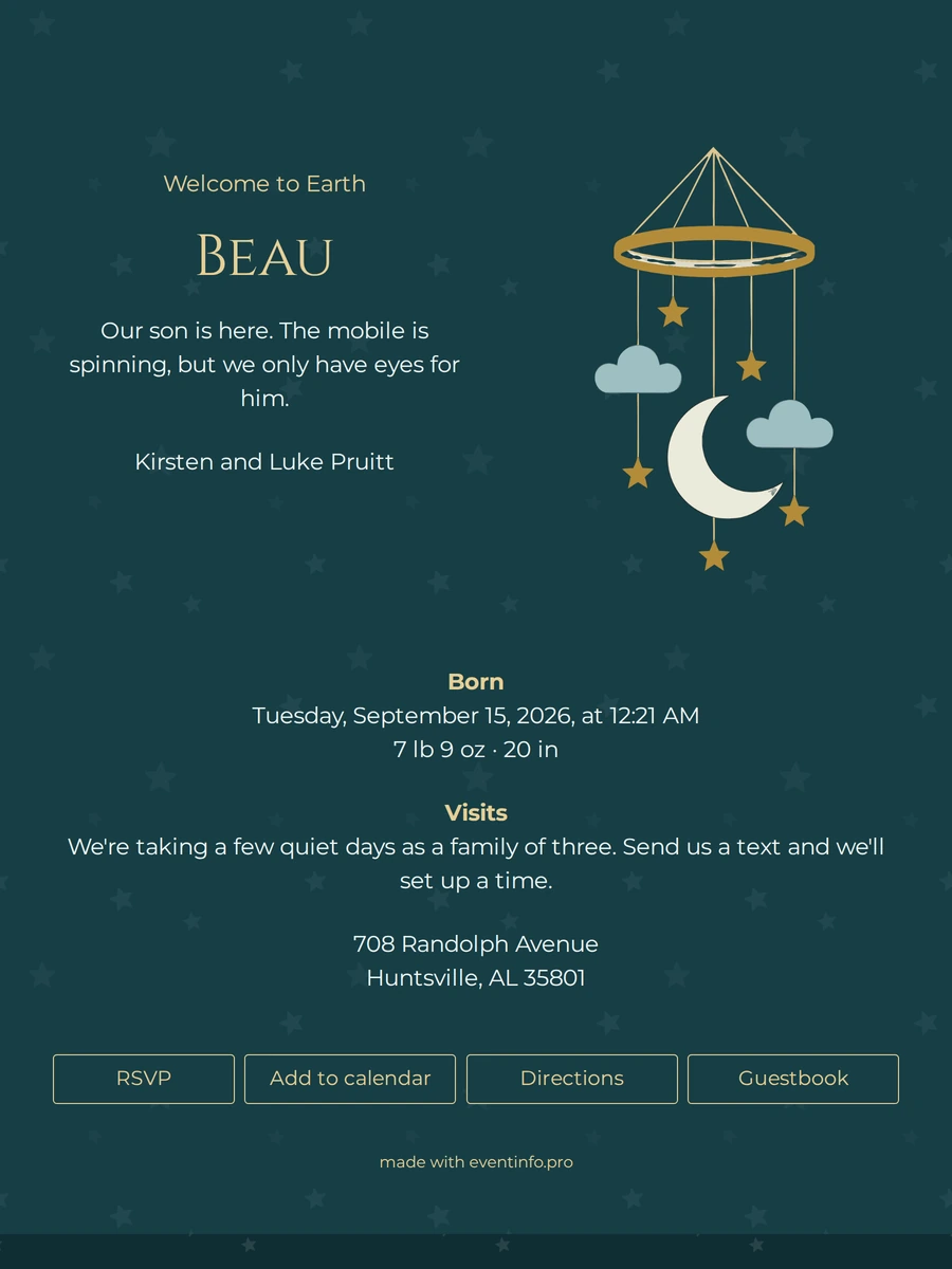 Elegant birth announcement with a gold mobile