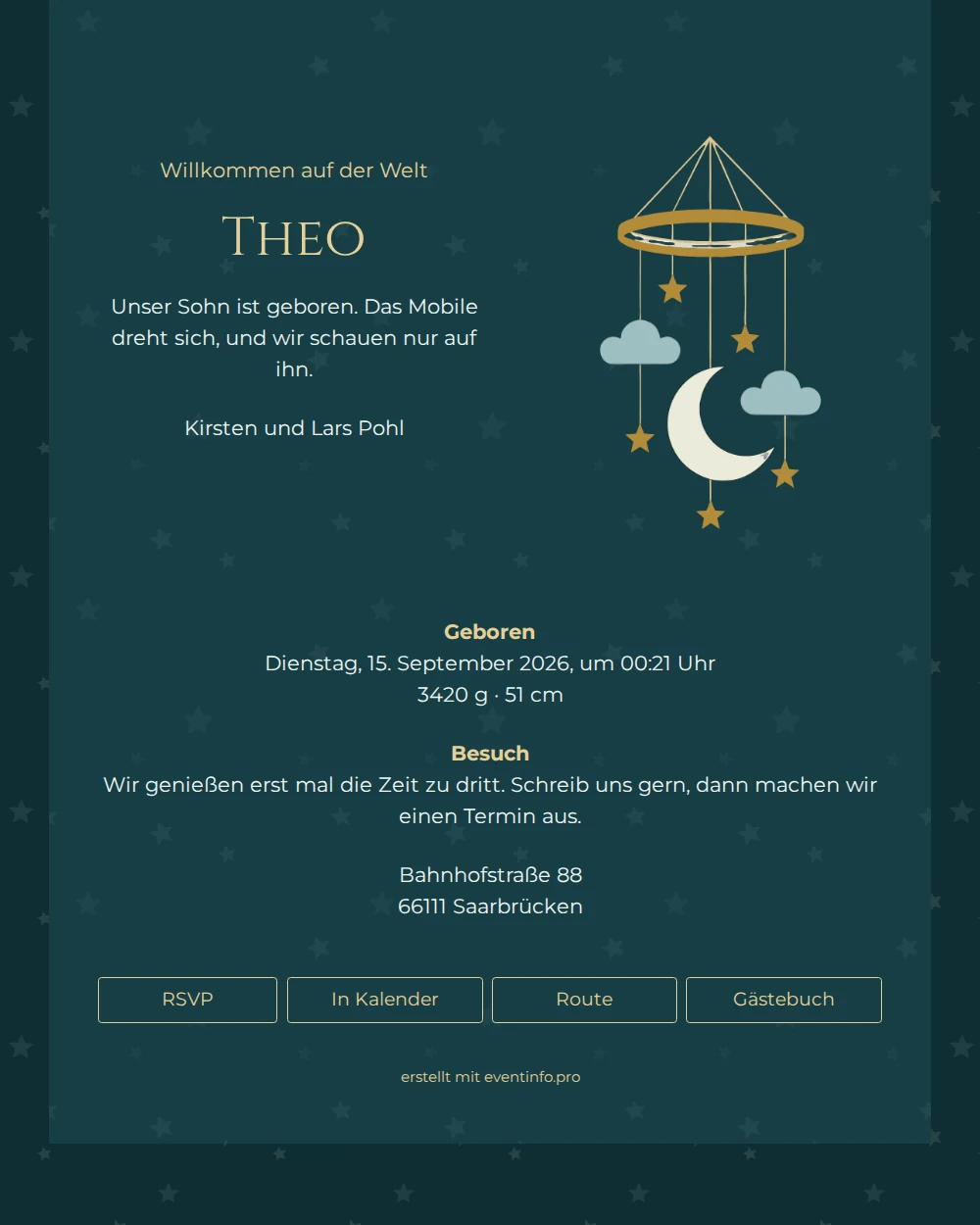 Elegante Geburtskarte mit einem goldenen Mobile &ndash; example 1
