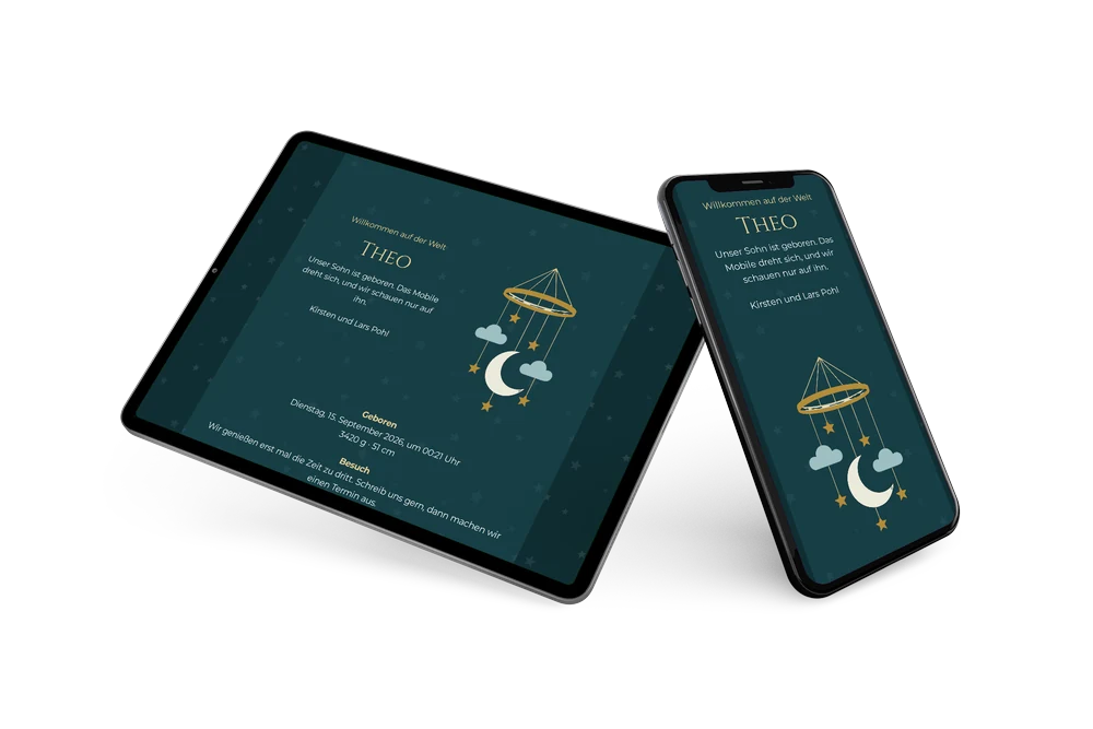 Elegante Geburtskarte mit einem goldenen Mobile &ndash; example 2