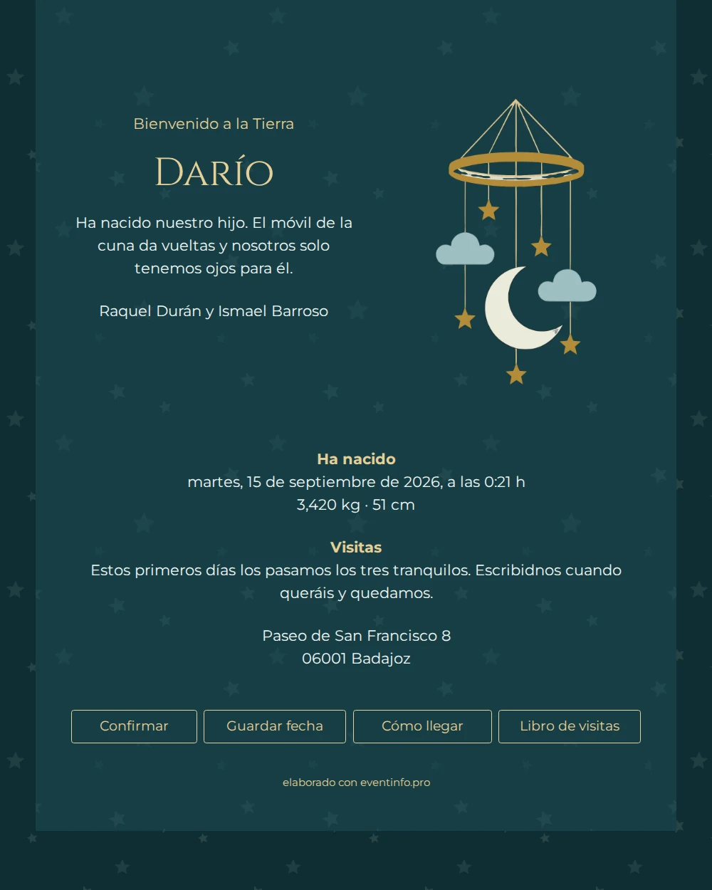 Tarjeta de nacimiento elegante con un móvil dorado &ndash; example 1