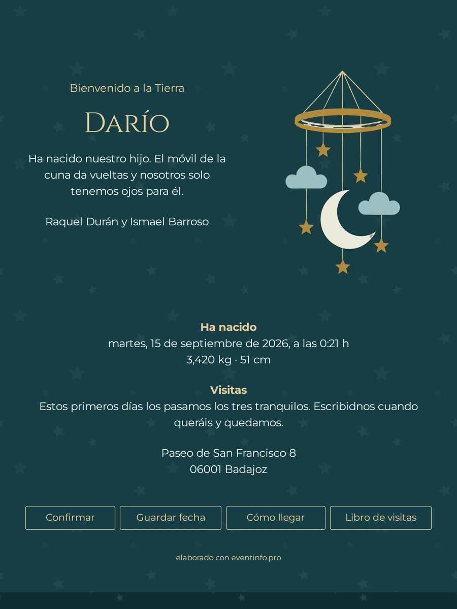 Tarjeta de nacimiento elegante con un móvil dorado