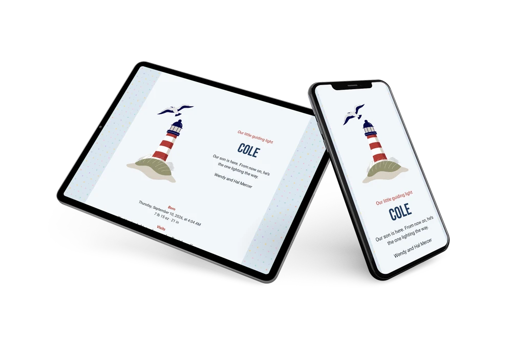 Bright birth announcement with lighthouse and seagulls &ndash; example 2