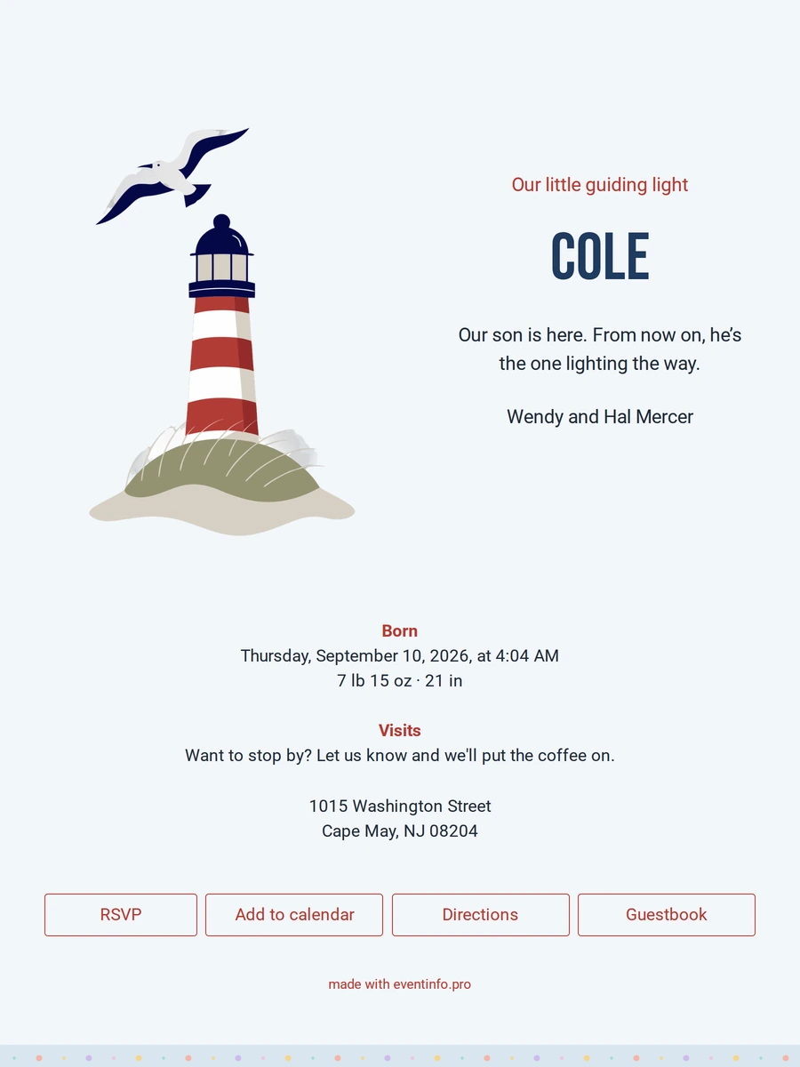 Bright birth announcement with lighthouse and seagulls