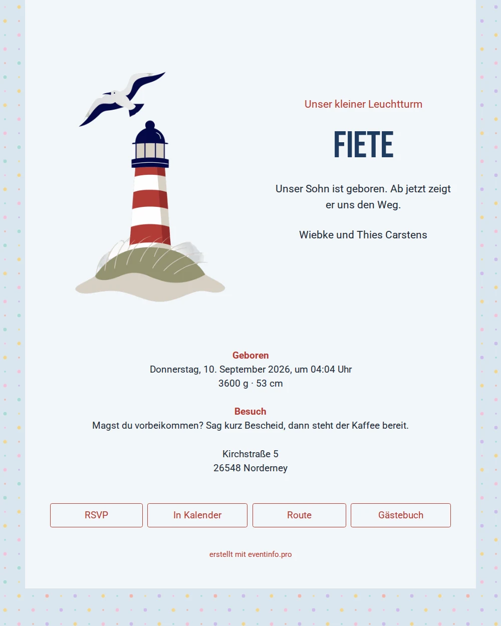 Helle Geburtskarte mit Leuchtturm und Möwen &ndash; example 1