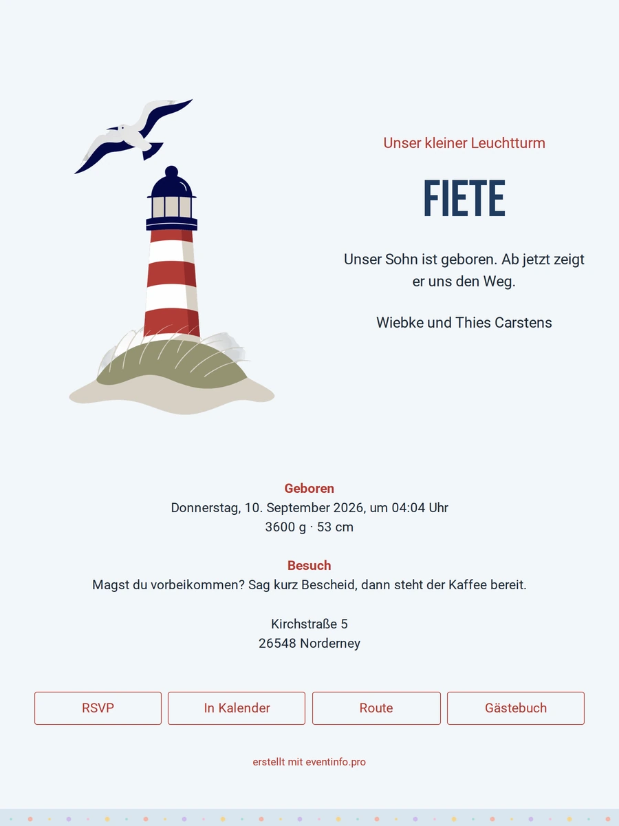 Helle Geburtskarte mit Leuchtturm und Möwen