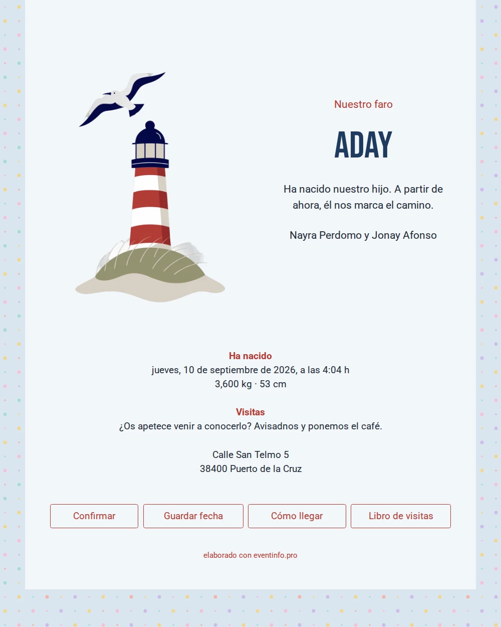Tarjeta de nacimiento luminosa con faro y gaviotas &ndash; example 1