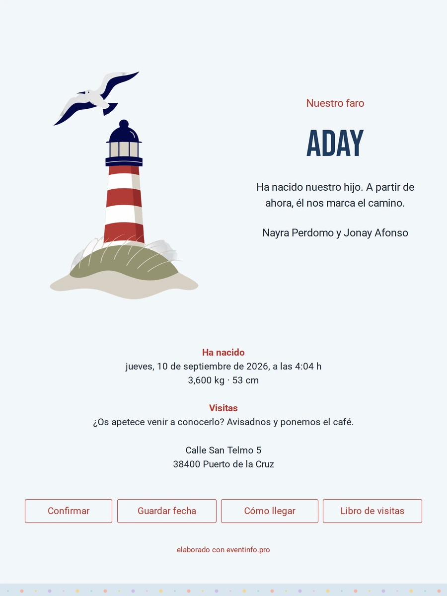 Tarjeta de nacimiento luminosa con faro y gaviotas