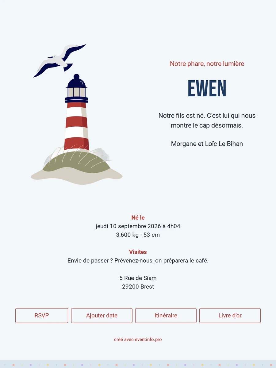 Faire-part de naissance lumineux avec phare