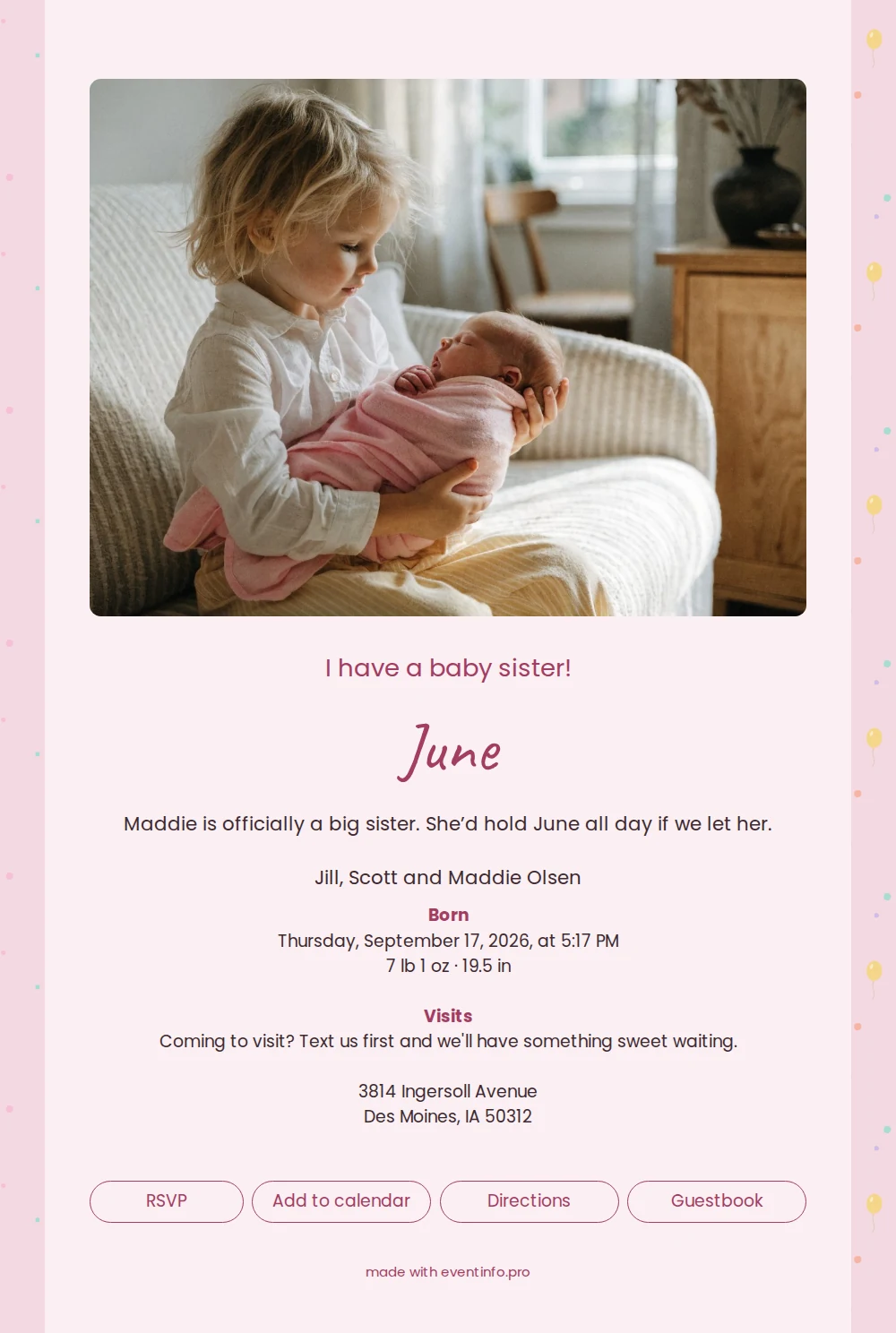 Cheerful birth announcement with balloons and pink &ndash; example 1