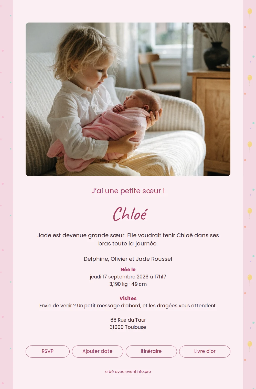 Faire-part de naissance gai avec ballons et rose &ndash; example 1