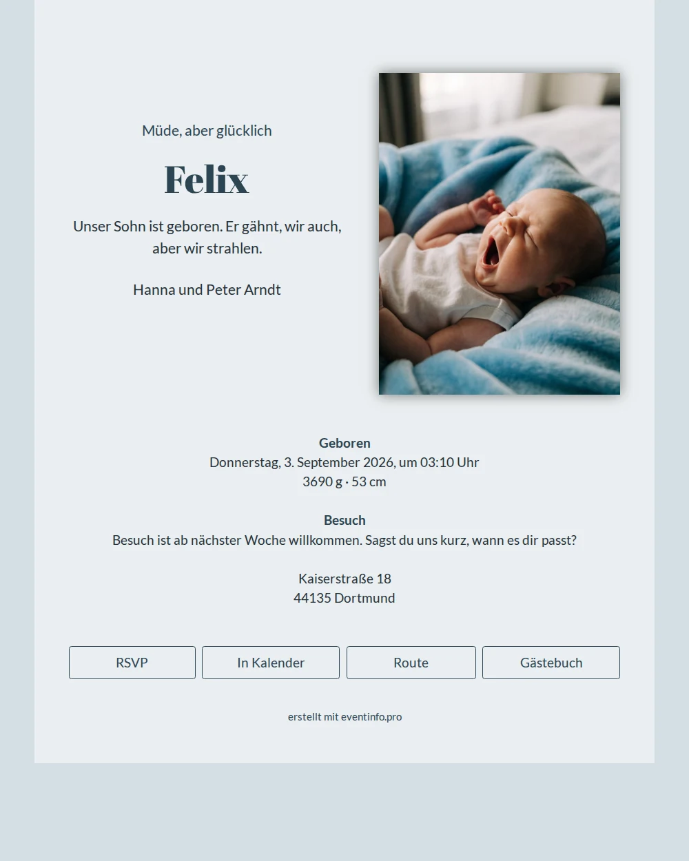 Elegante Geburtskarte mit Foto von Felix &ndash; example 1