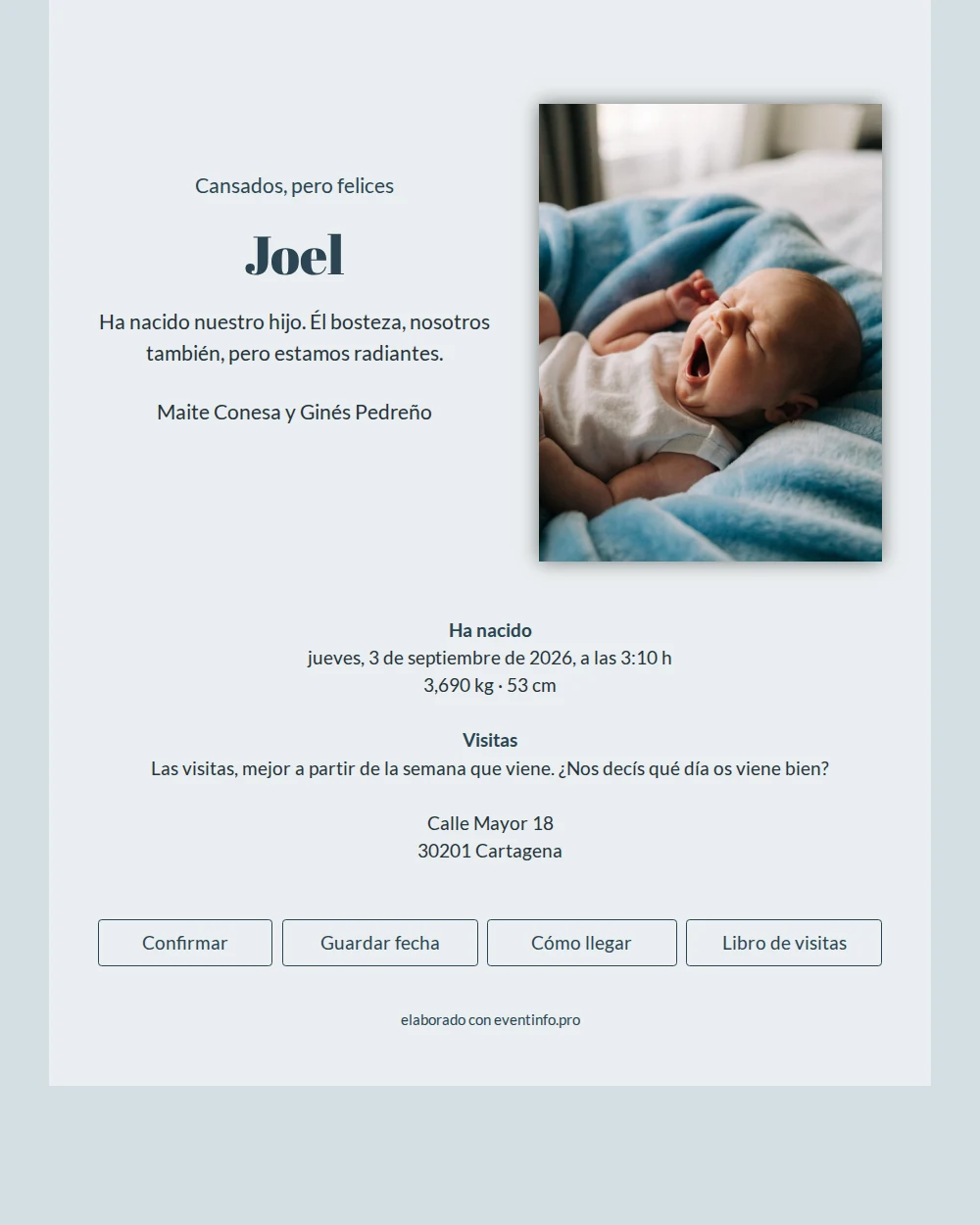 Elegante tarjeta de nacimiento con foto Joel &ndash; example 1