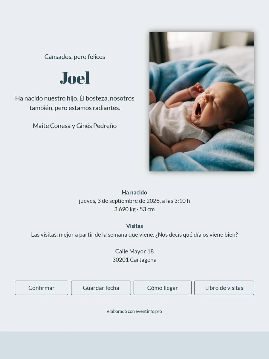 Elegante tarjeta de nacimiento con foto Joel