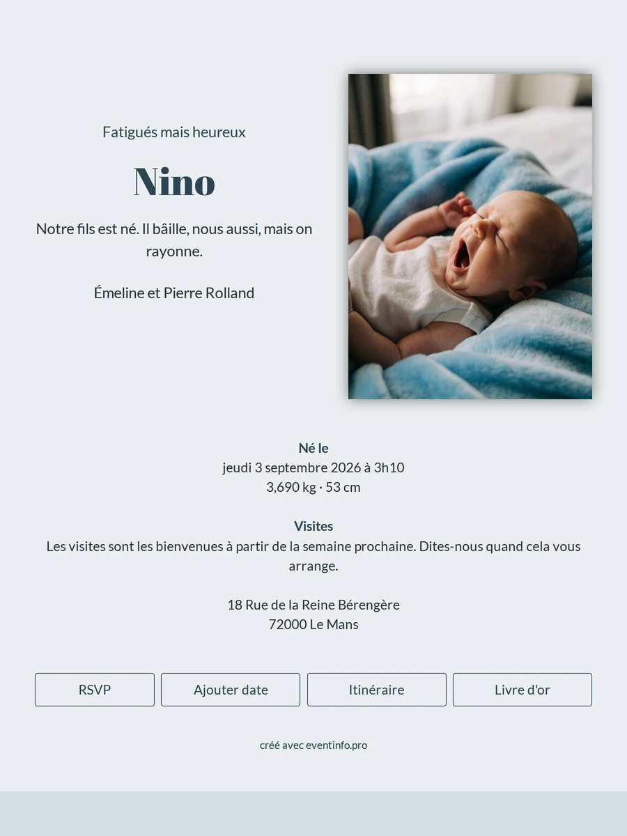 Élégant faire-part de naissance avec photo Nino