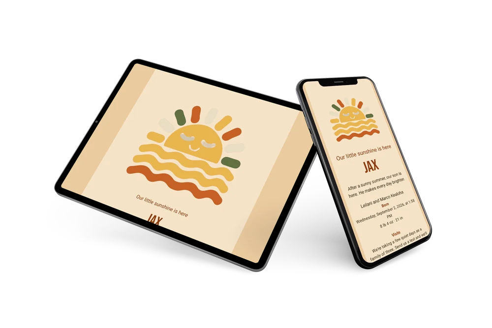 Colorful birth announcement with an ochre sun &ndash; example 2