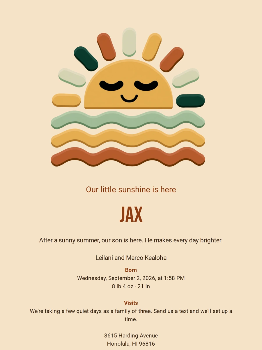 Colorful birth announcement with an ochre sun