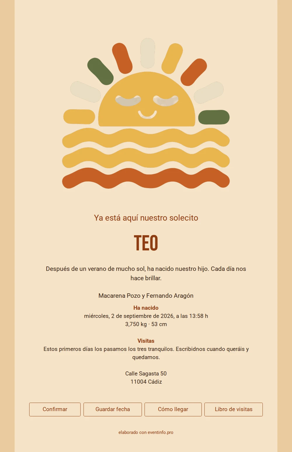 Tarjeta de nacimiento colorida con sol ocre &ndash; example 1