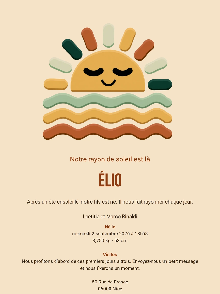 Faire-part de naissance coloré avec soleil ocre