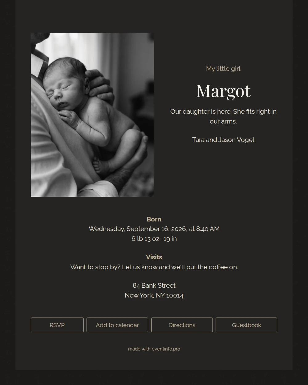 Understated golden birth announcement with her photo &ndash; example 1