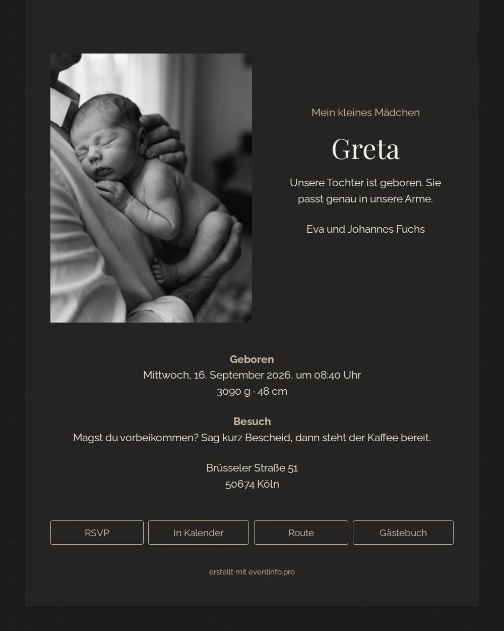Schlichte goldfarbene Geburtskarte mit Foto deiner Tochter &ndash; example 1