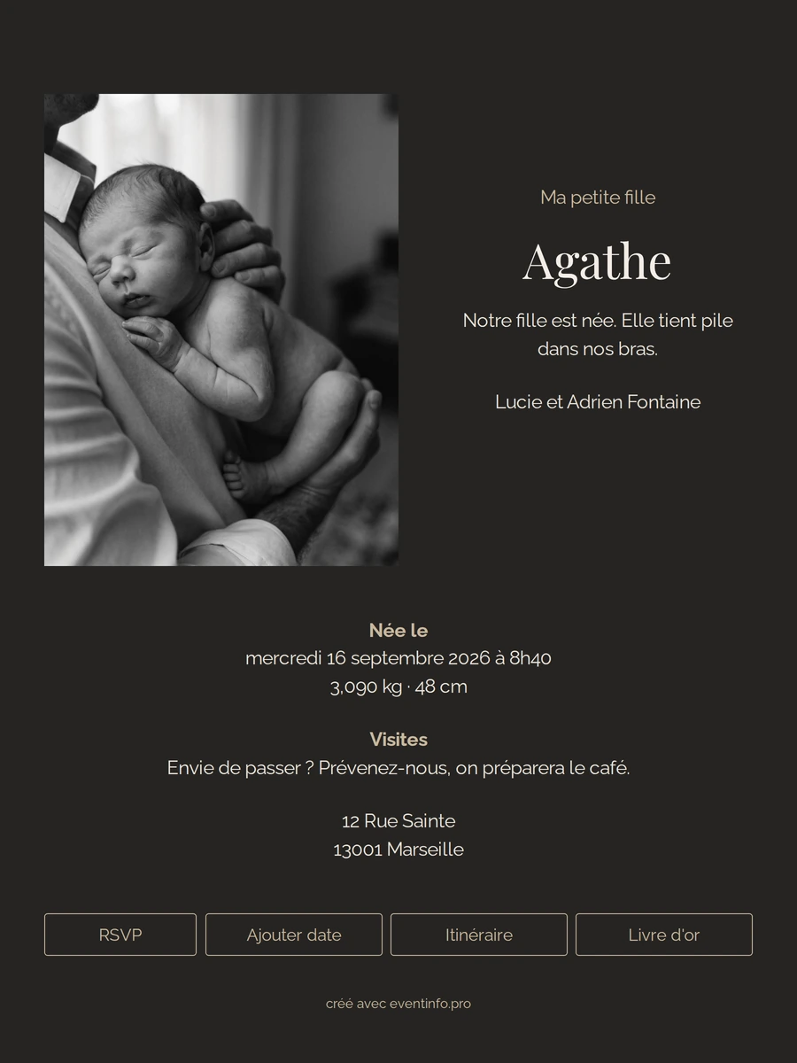 Faire-part de naissance doré avec sa photo