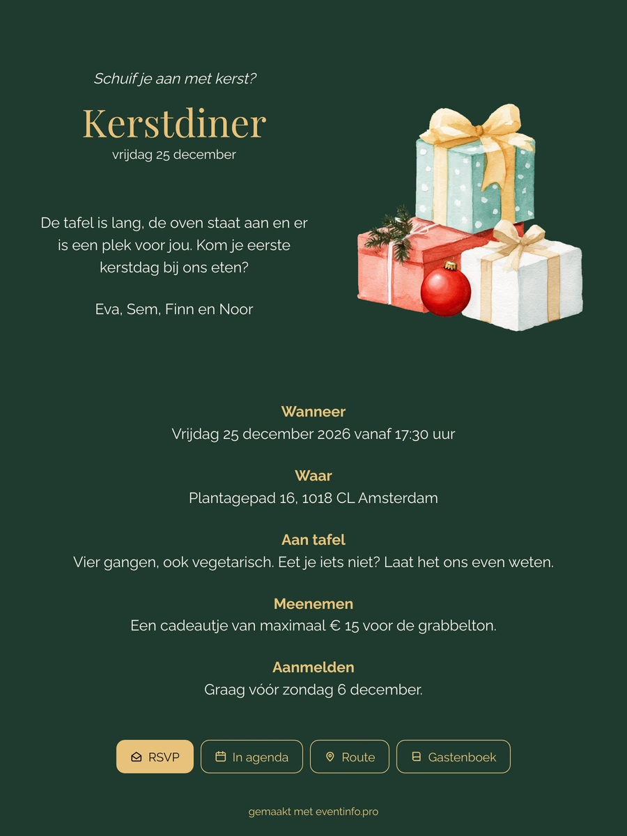 Kerstdiner thuis versturen in dennengroen en goud