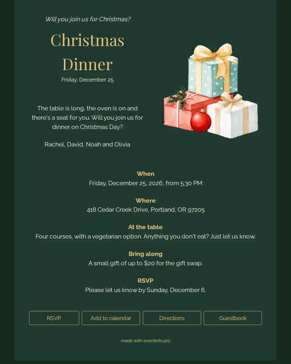 Watercolor gifts holiday dinner invitation &ndash; example 1