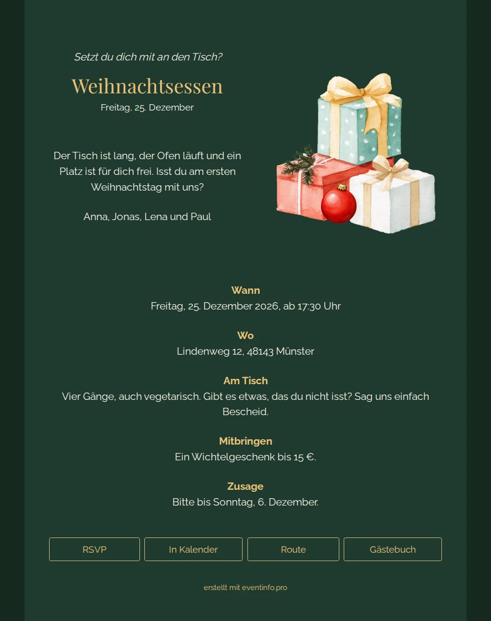 Weihnachtseinladung mit Aquarellgeschenken und Christbaumkugel erstellen &ndash; example 1