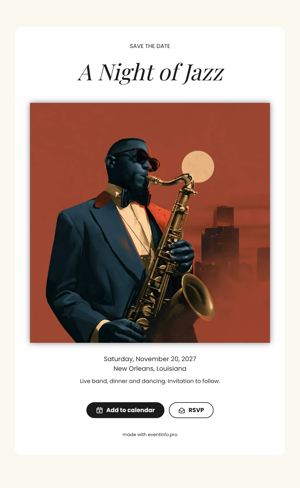 Create a saxophonist save the date online &ndash; example 1