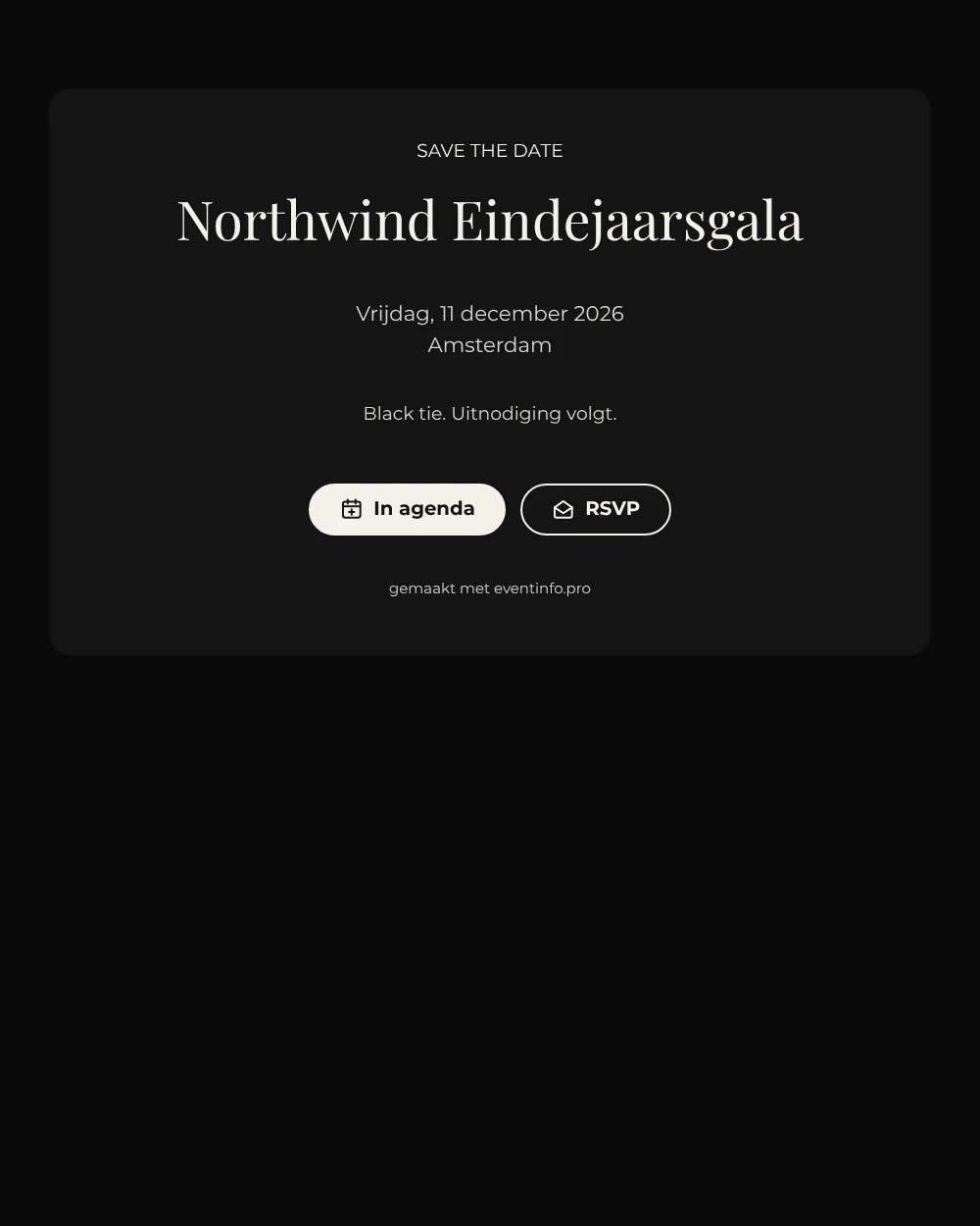 Zwarte save the date voor een eindejaarsgala &ndash; voorbeeld 1