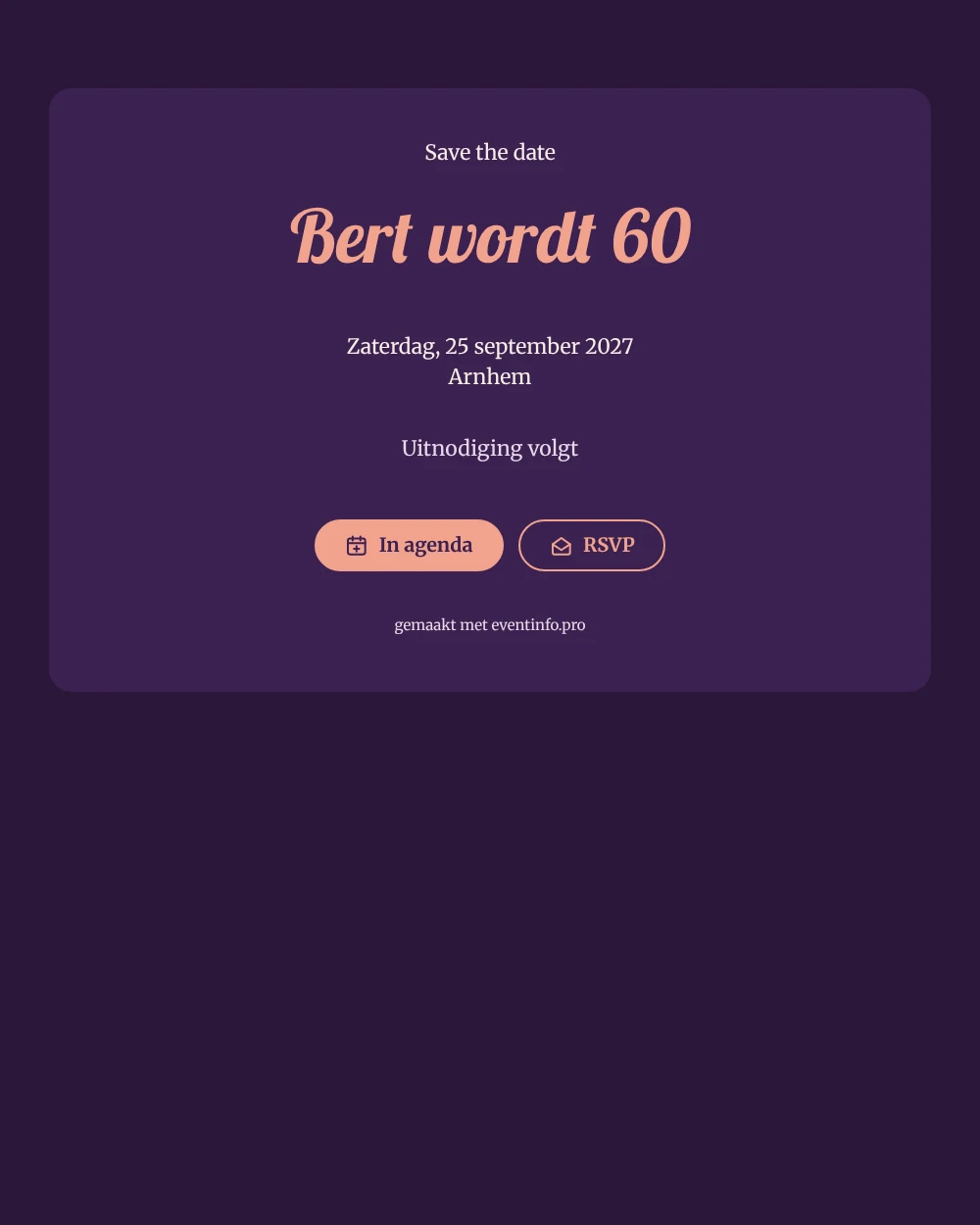 Retro pruimkleurige save the date voor 60e verjaardag &ndash; voorbeeld 1