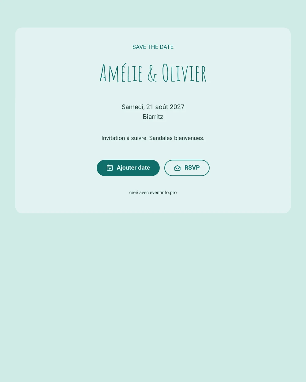Save the date mariage en bord de mer vert d'eau