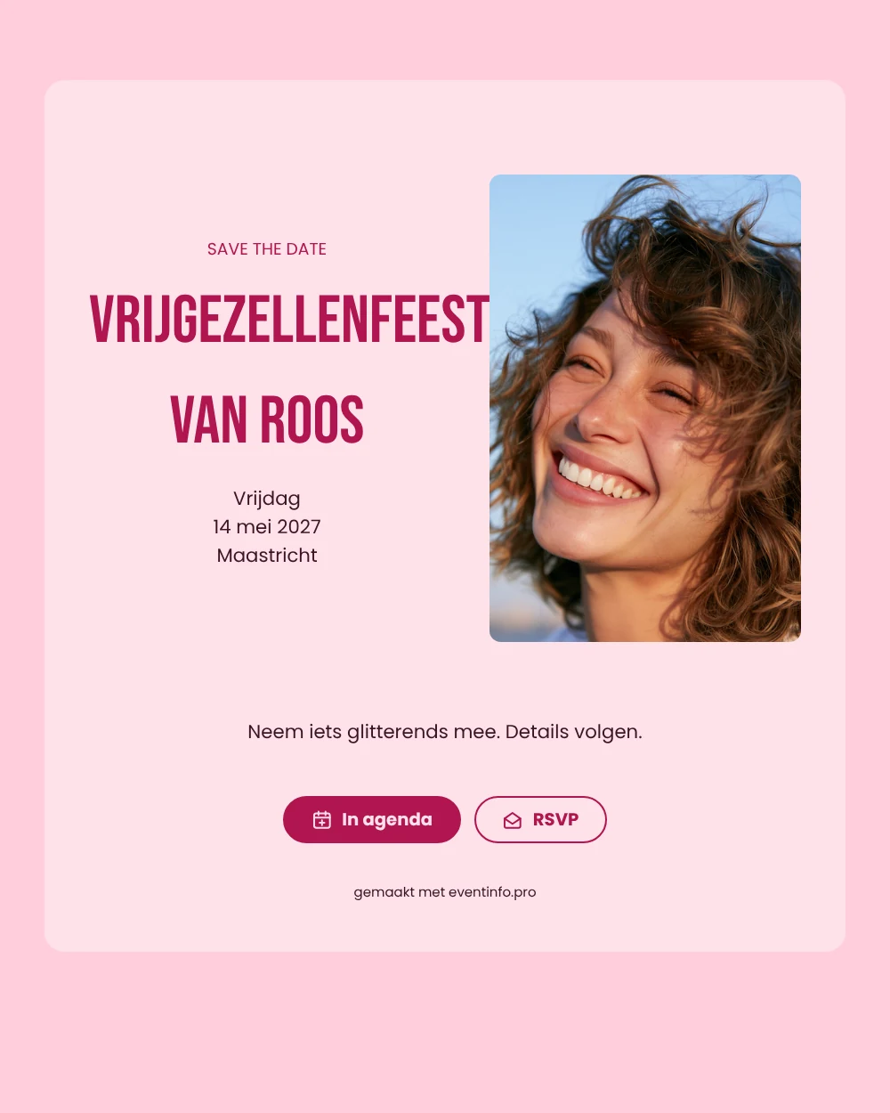 Felroze save the date voor een vrijgezellenfeest &ndash; voorbeeld 1